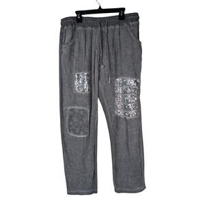 Made in Italy Linen Cotton Lagenlook Pants L XL Sequin Lace Patch Deconstructed